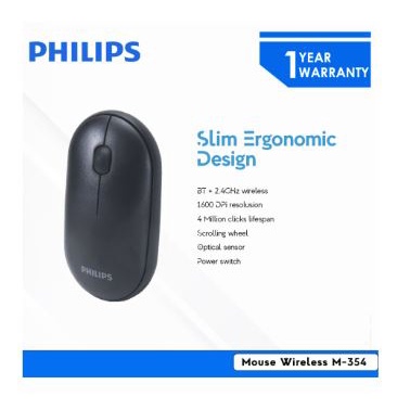 Mouse philips bluetooth wireless 2.4ghz optical 1600dpi 4d on off for office gaming pc laptop m-354 m354 spk7354