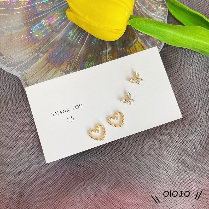 Korea Fashion Anting-Anting Sederhana Temperamen Paduan Telinga Studs Set Kupu-kupu Cinta Hati Perhiasan Untuk Wanita - ol