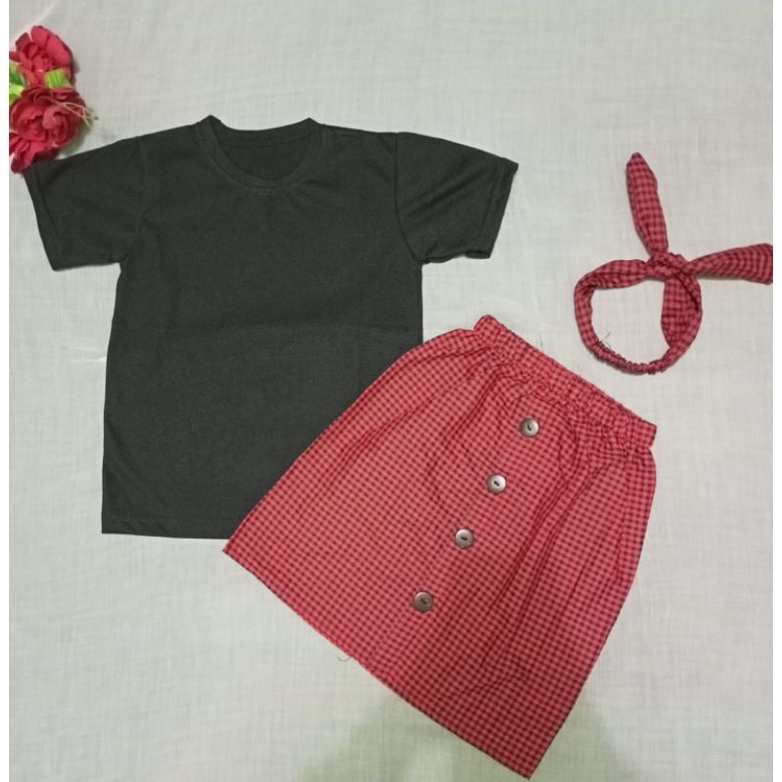 3in1 rok pendek  YaYa motif kotak+ atasan polos+ /bando