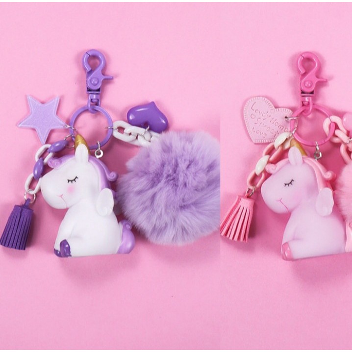 Ganci pom pom bulu unicorn gantungan kunci karakter unicorn anak Lucu