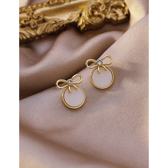 LRC Anting Tusuk Fashion Golden Bowknot Shell Diamond Alloy Earrings P22350