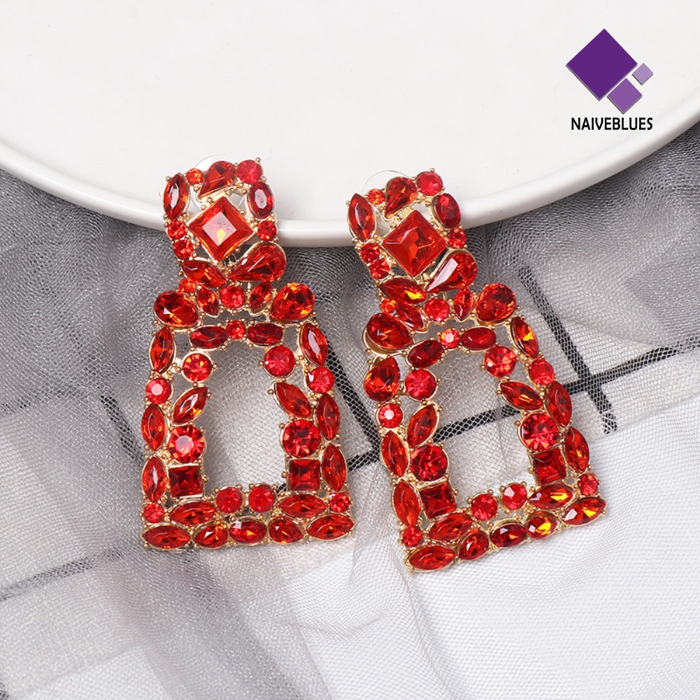 Anting Stud Berlian Imitasi Model Hollow Out Geometris Untuk Wanita