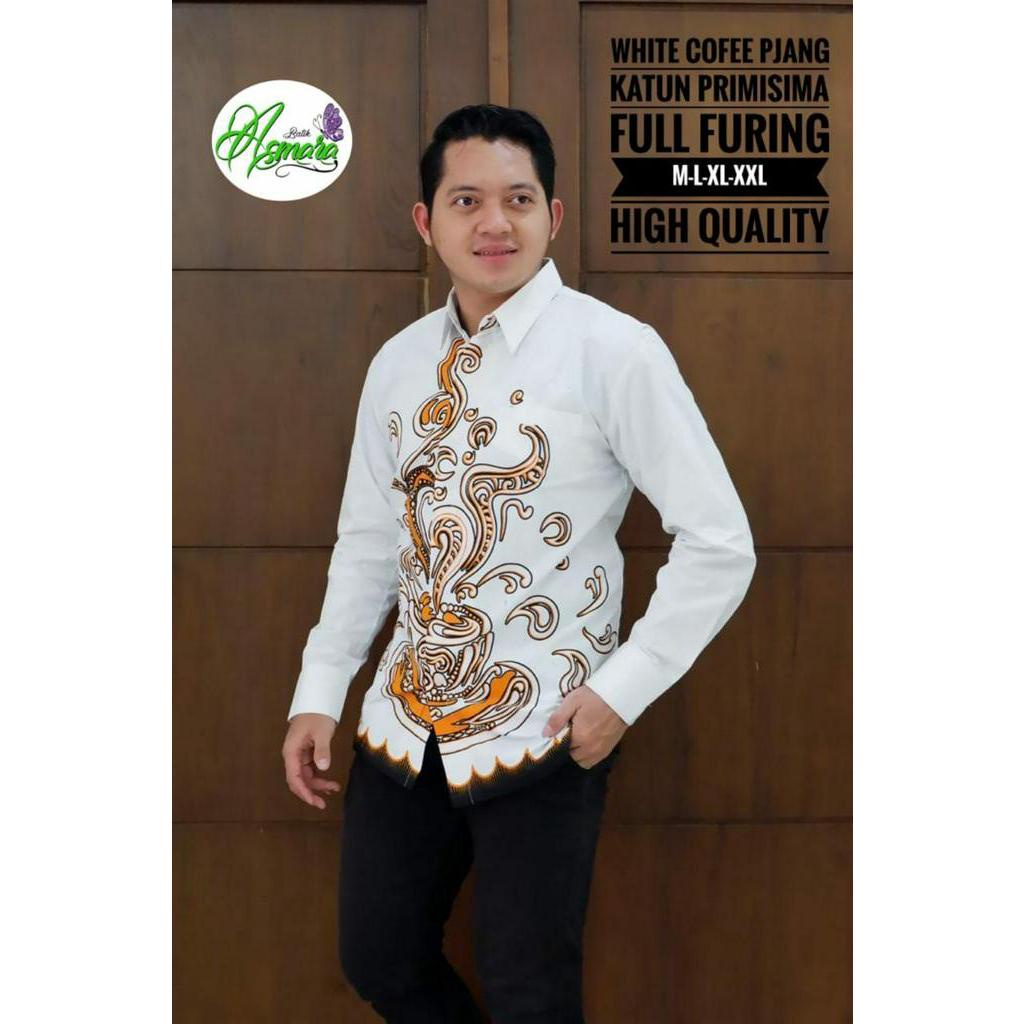 Kemeja Batik Lengan Panjang Warna Putih Baju Batik Putih Bahan Katun Lapis Furing Batik Motif Kopi