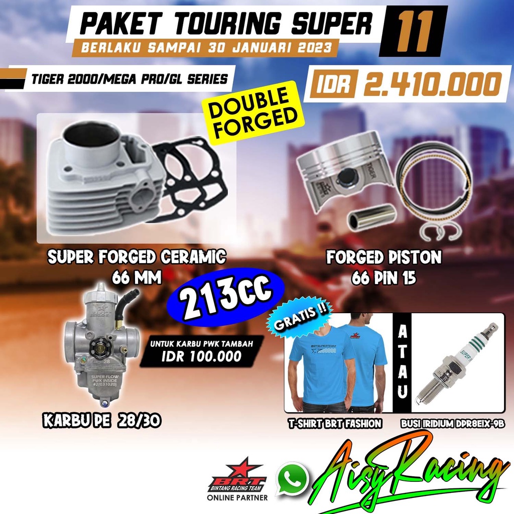 PAKET TOURING SUPER 11 BRT Bore Up Tiger GL Megapro Primus Blok Piston 66:00 karbu PE / PWK