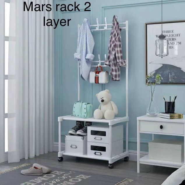 SHENAR , MARS RACK 2  SUSUN LEMARI GANTUNG TERBUKA STAND HANGER  RAK GANTUNGAN SERBAGUNA 4  RODA - BISA COD