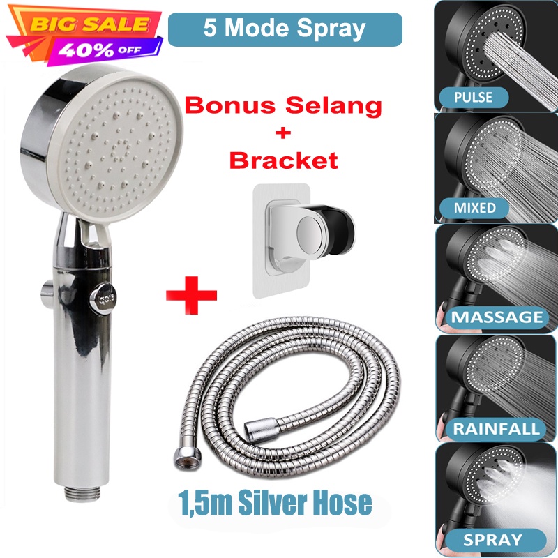 PAKET MURAH Shower Mandi Set 3 Pcs - Kepala Shower Mandi Minimalist High Pressure with Holder &amp; selang 5 mode spray - Kran Shower Kamar Mandi - Shower Set perlengkapan mandi Full set - Shower Mandi Hemat Air Murah Hand Shower tekanan tinggi