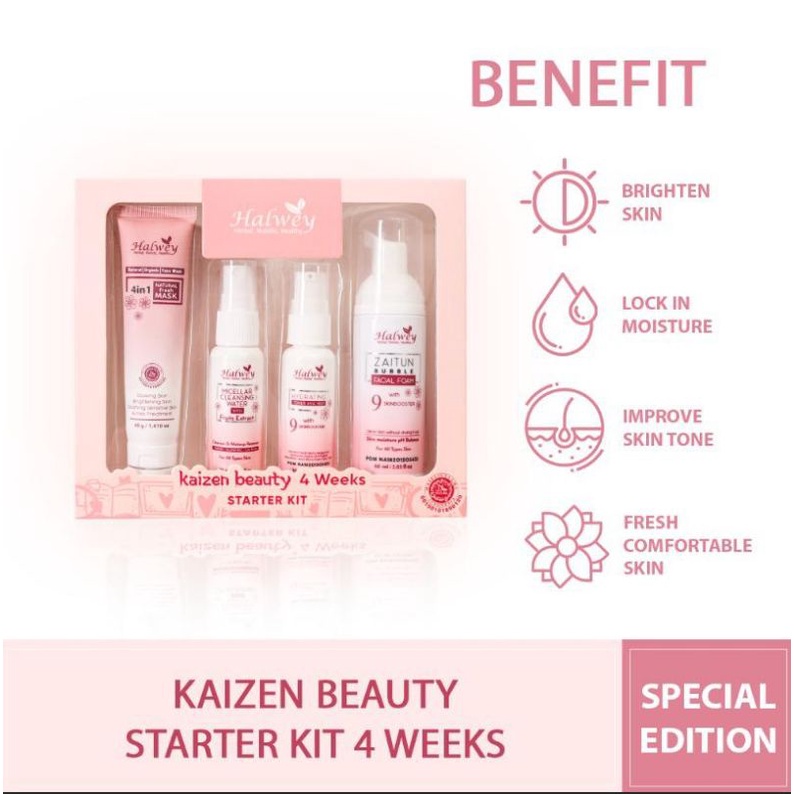 Skincare Pemula Kaizen Kit [HALWEY] NATURAL micellar, facial foam zaytun, toner, clay mask untuk sem