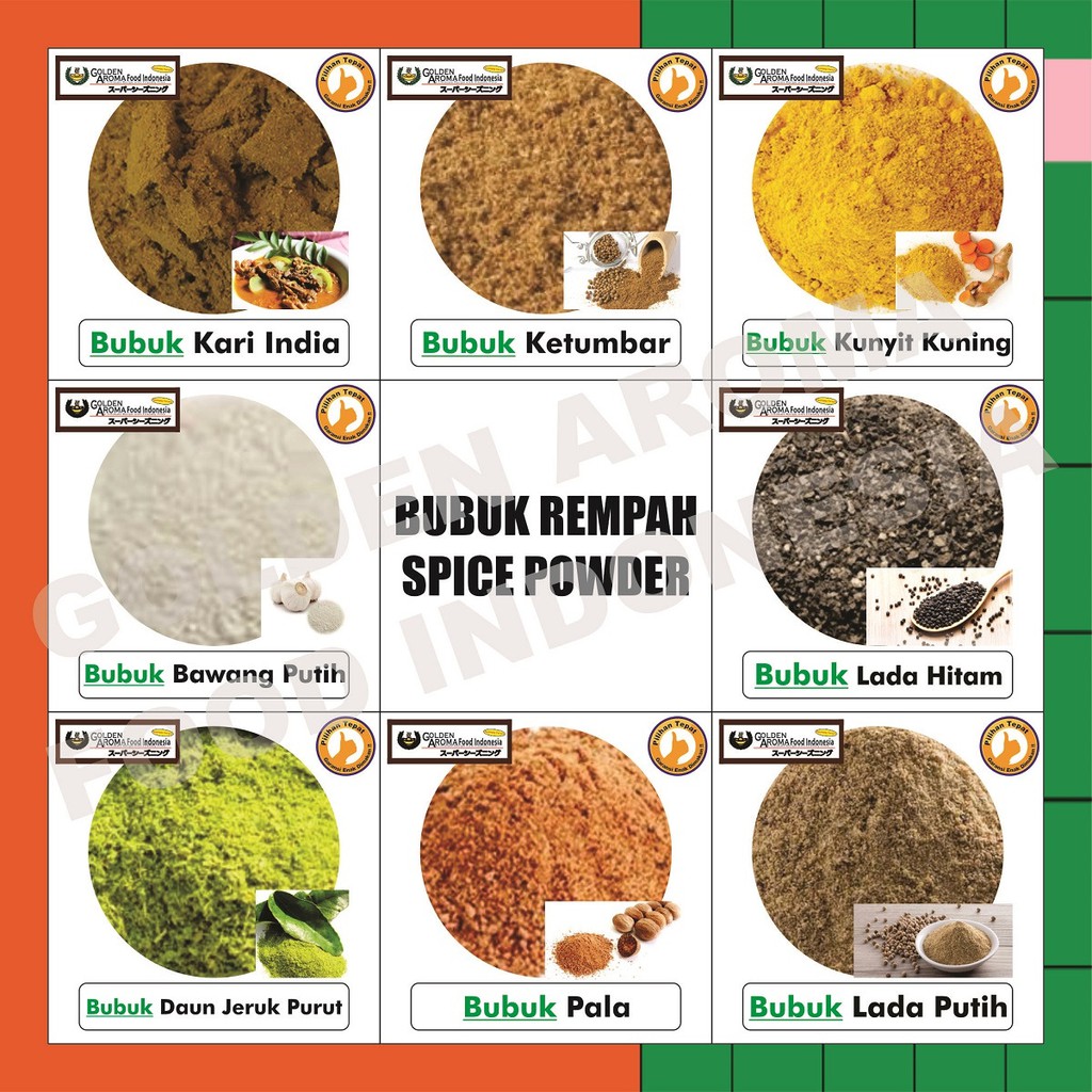 

Aneka Bubuk Rempah 1 Kg Powder Kari India Ketumbar Kunyit Lada Hitam Putih Merica Pala Jeruk Purut Bawang Putih Merah Bombai Kencur Kayu Manis Cocoa Jahe Wasabi 1Kg Indian Curry Coriander Turmeric White Black Pepper Nutmeg Lime Leaves Garlic Shallot Onion