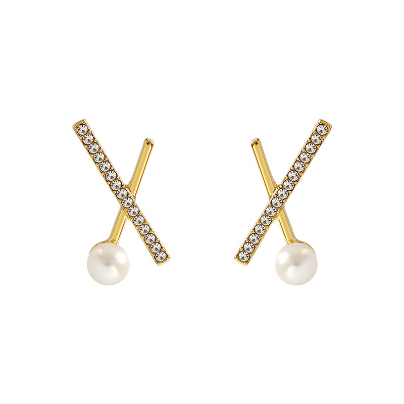 Sterling silver jarum Korea fashion komuter gaya dasar cross geometris pearl stud earrings all-match