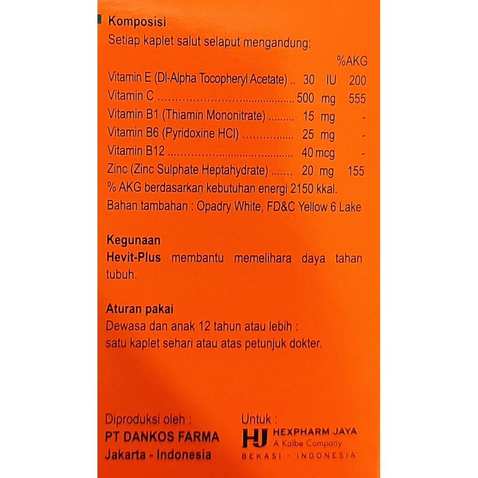 Hevit C 500 MG / 1000 MG / PLUS / B Komplek / Vitamin E / Zinc / 10 Kaplet