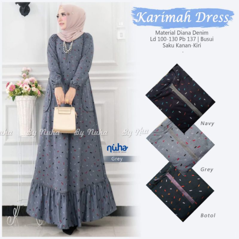 KARIMAH DRESS / GAMIS BUSUI BAHAN DIANA DENIM / BUSANA MUSLIM KEKINIAN / GAMIS MOTIF