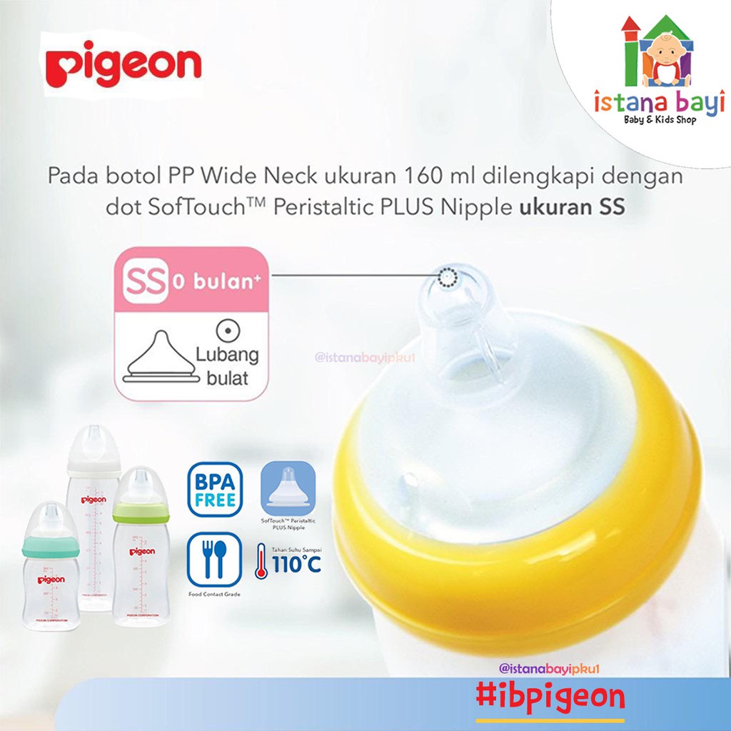 Pigeon Botol Gelas Wide Neck 160 ml W/P-Plus Nipple/Botol susu bayi