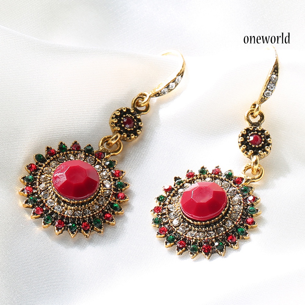 OW# Fashion Wild Personality Exaggerated Round Shape Sun Flower Faux Ruby Earrings