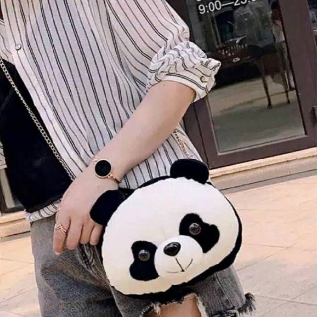 Produce Pandas - Tas Selempang Wanita Bulu Boneka PANDA Hitam Putih Imut Lucu Gemoy Chubby Gemes / Tas Boneka Panda Tali Rantai Bisa COD