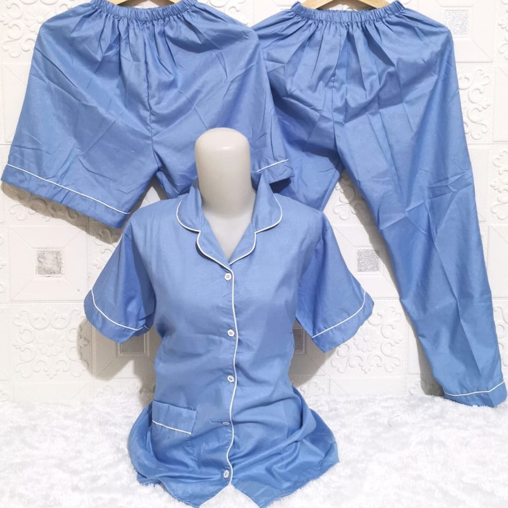 ISANNY PIYAMA SET SATEN EMBOS 3IN1 L/PIYAMA DEWAS/READY 20 WARNA-BIRU MUDA