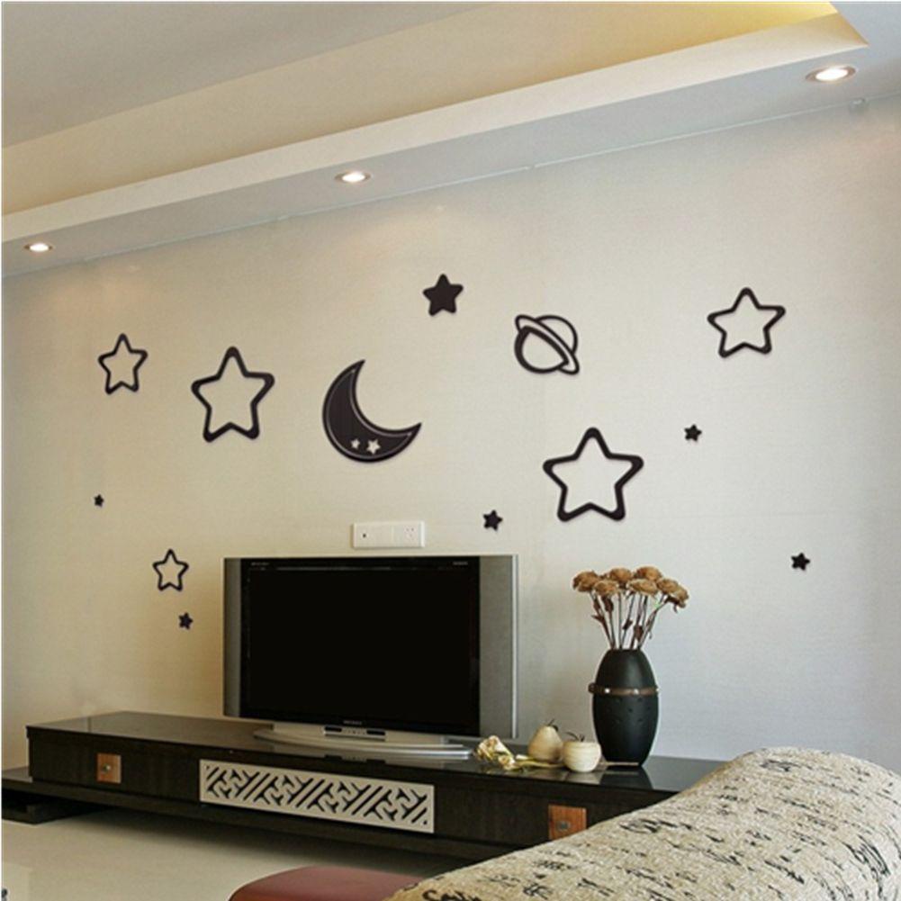 Populer Star Moon Planet Mirror Wall Sticker Dekorasi Rumah Cermin Kombinasi 3D Mini Sticker Mirror Art Wall Decor Mirror Sticker Cermin Reflektif Wallpaper