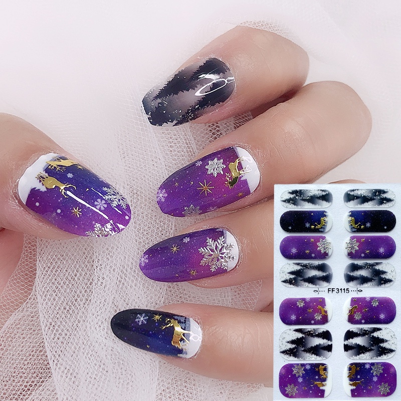 Ff Stiker Kuku Motif Snowflake / Rusa / Pohon Natal / Berlian / Mutiara 3d Untuk Nail Art / Manicure Diy