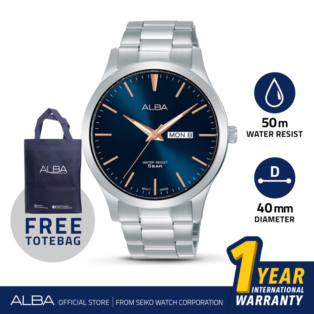 Alba Jam Tangan Pria AJ6129 / AJ6129X1 Quartz Dark Blue Navy Dial Stainless Steel Strap Watch