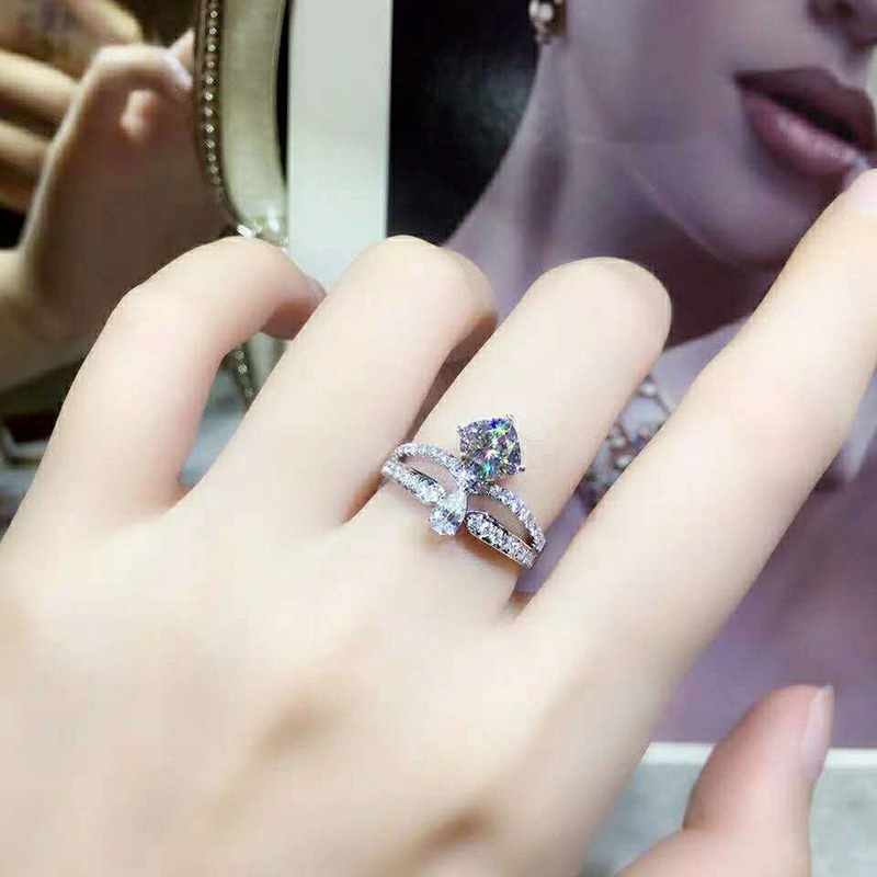 Fashion Crown Water Drop Princess Square Diamond Ring Double Diamond Ring