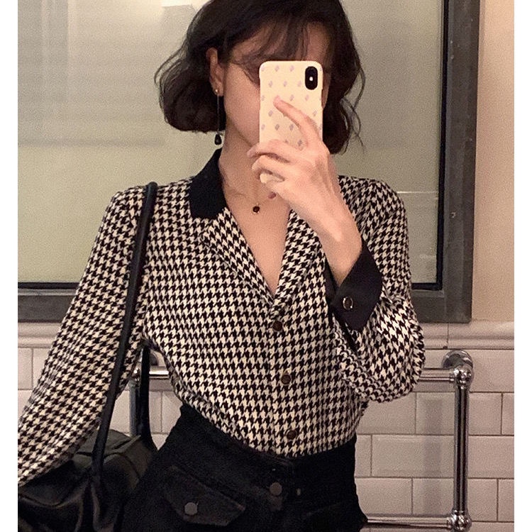 Suhao Hong Kong Chiffon Houndstooth Kemeja Wanita Lengan Panjang Atasan Kasual Prancis