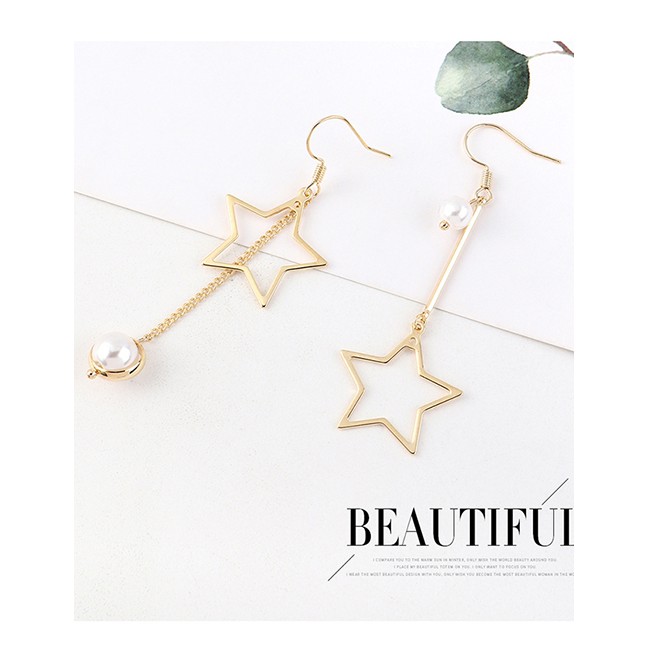 LRC Anting Tusuk Fashion Golden Gold-plated Small Five-star Fringed Pearl Earrings Y63068