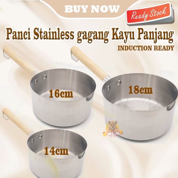 Panci stainless 16cm gagang KAYU panjang Induksi READY Gayung 1.5L