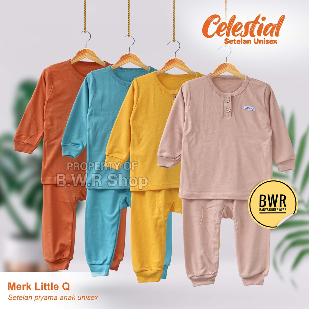 Setelan Little Q PANJANG ( Seri B ) Celestial Piyama Anak Unisex Kancing Dada Warna Polos | Bwr