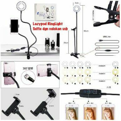 Ring light Lazypod 3 Mode with Phone holder 2in1 Jepit meja Ringlight