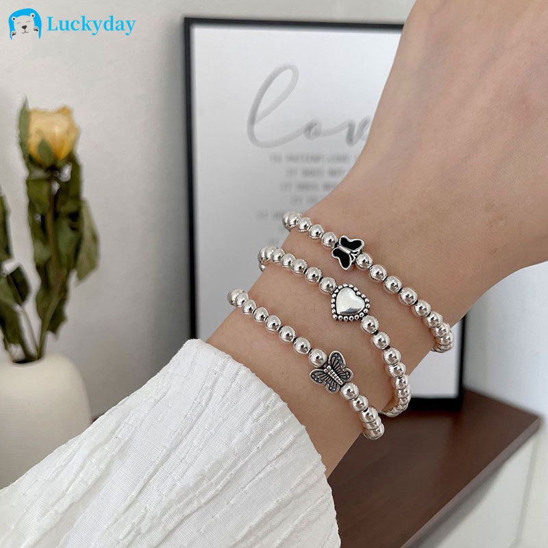 YEEZII 3pcs / Set Gelang Manik-Manik Bentuk Hati Butterfly Warna Silver Gaya Retro Untuk Wanita