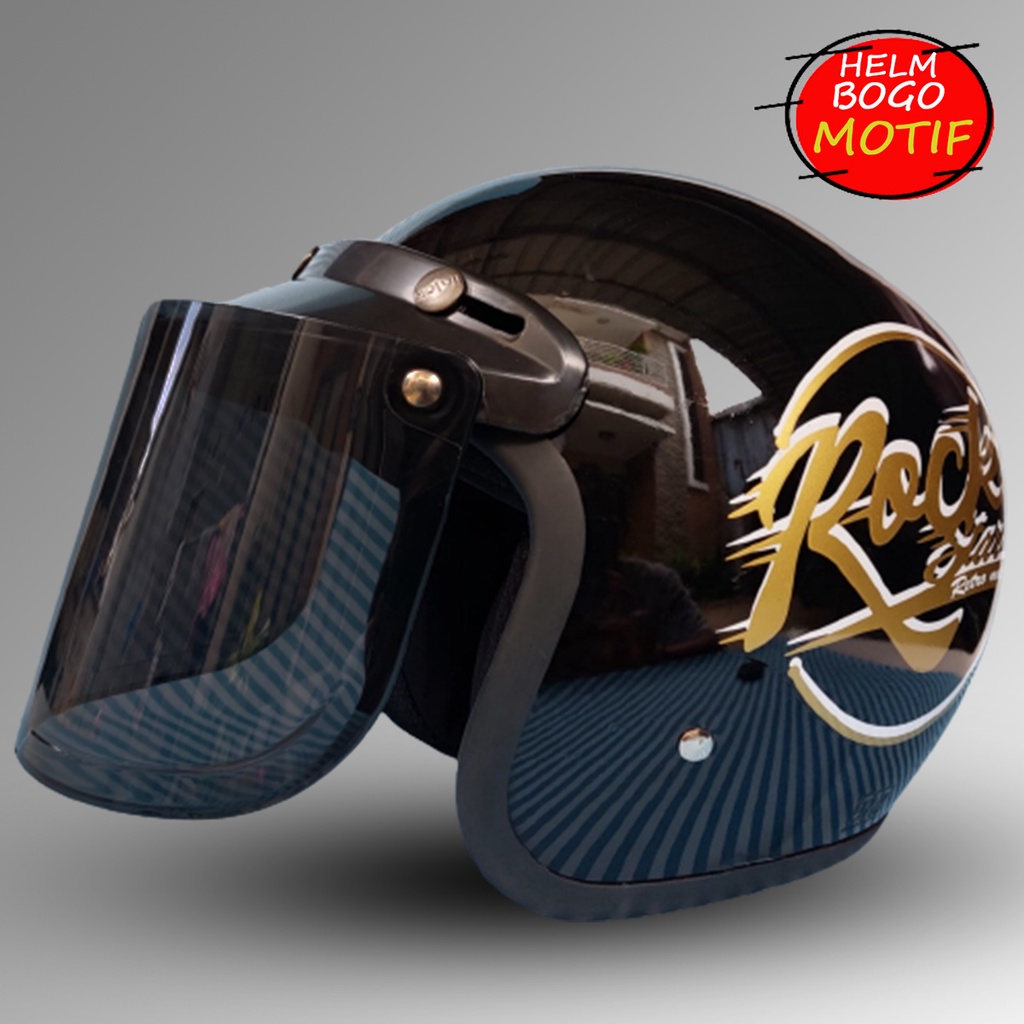 HELM BOGO CLASSIC MOTIF KACA DATAR INJAK HITAM SMOKE MURAH HELM SNI PREMIUM UNTUK PRIA DAN WANITA DEWASA COD