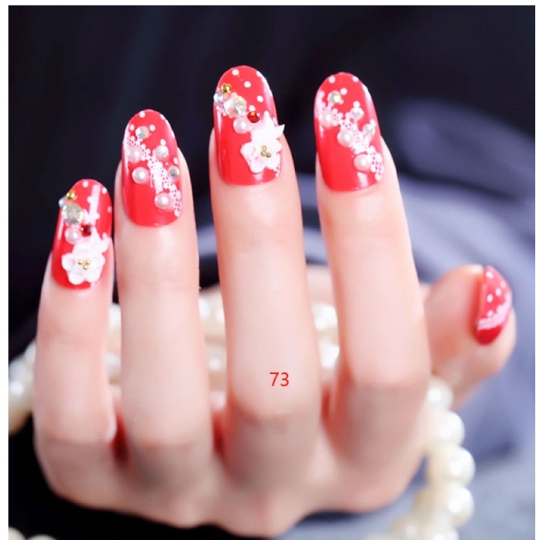 24PCS RED WEDDING FAKE NAILS KUKU PALSU MERAH PERNIKAHAN KUKU PALSU RHINESTONE PEARL 3d wedding