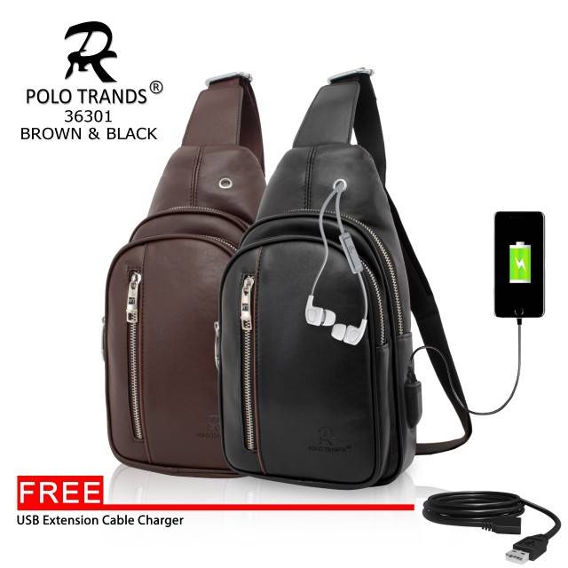 Polo Trands 36301 [ORIGINAL BRANDED] Tas Selempang Kulit FREE Kabel USB Charging Pria/Wanita