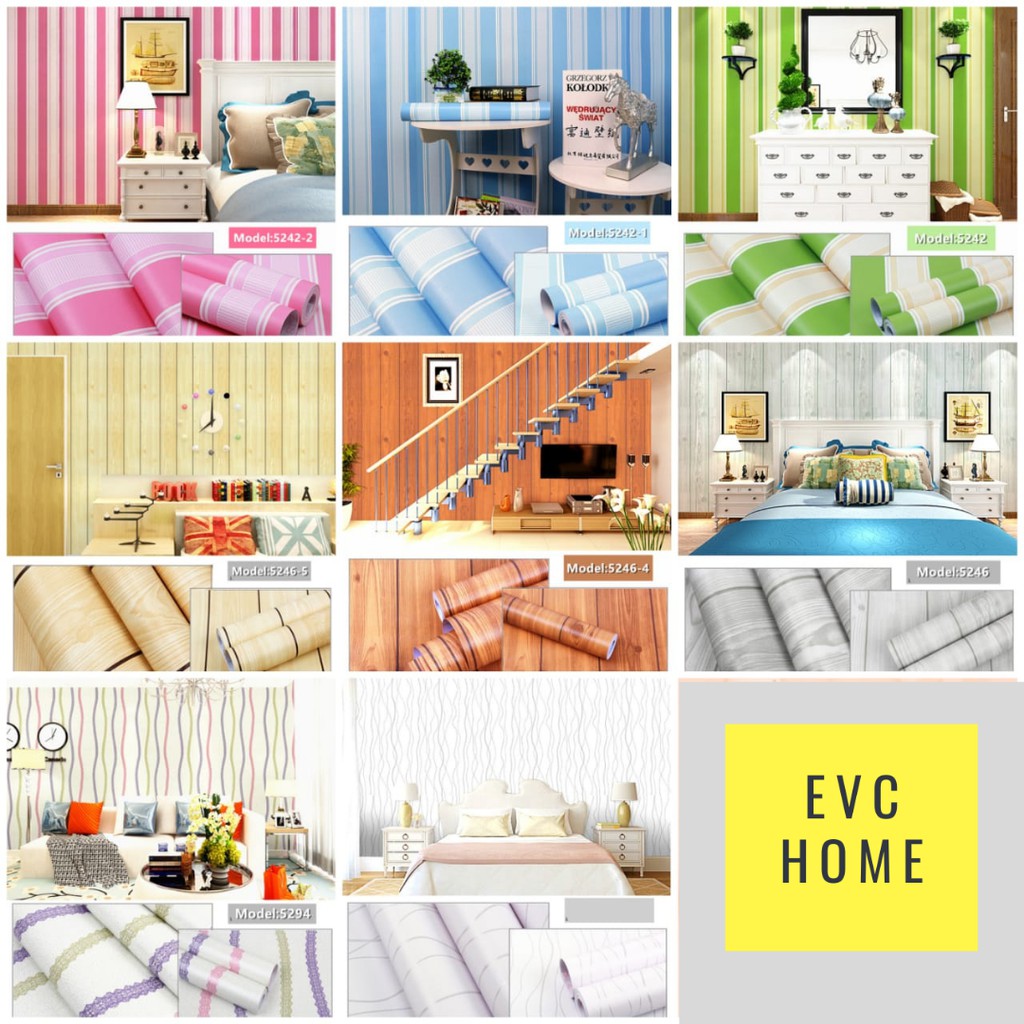 EVCHOME 45CM x 10M Wallpaper dinding kamar tidur/ wallpaper sticker bata/ salur/ batik/ bunga/ kartun