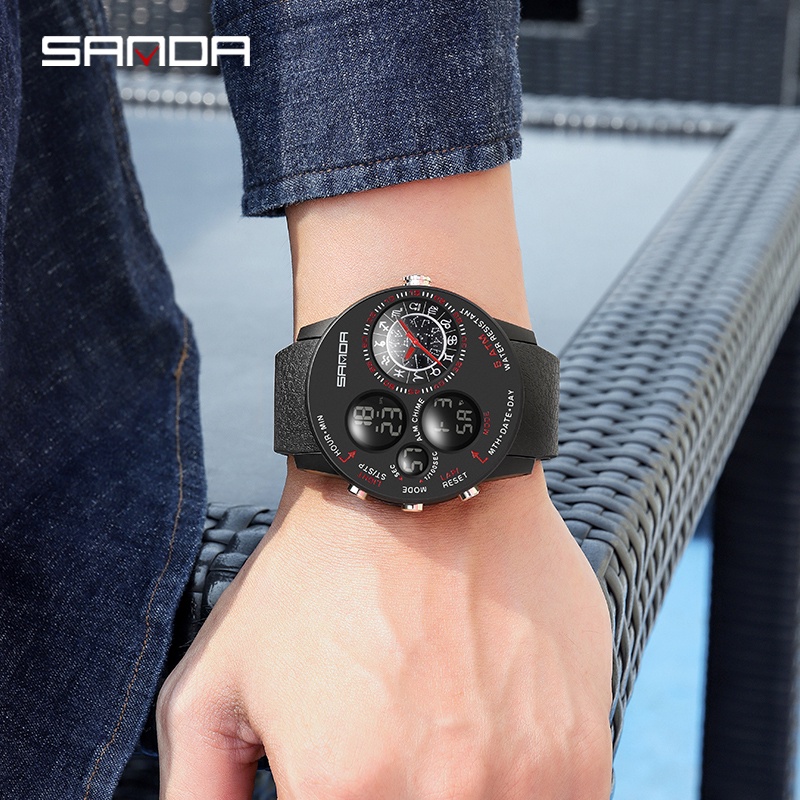 SANDA 6036 Jam Tangan Pria Digital Analog Tali Rubber Dual Time Anti Air WATCHKITE WKOS