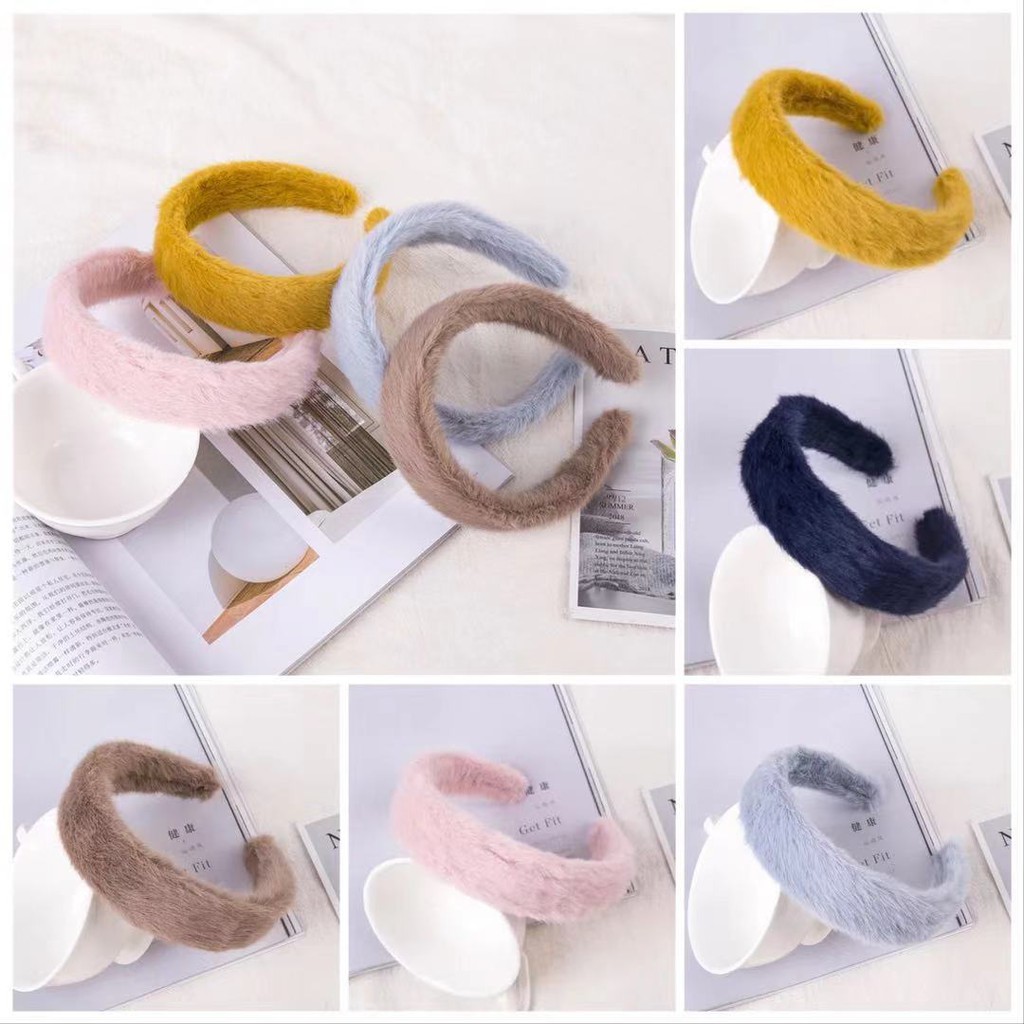 Bando Bandana Bulu-Bulu Gaya Korea Untuk Wanita Fashion Aksesoris Rambut Wanita Aksen Bulu-Bulu