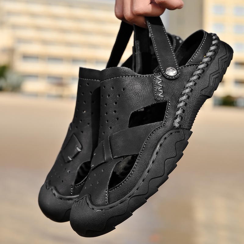 Traveling Outdoor Full Black Sandal Pria Import Hiking Gunung Sendal Kulit Asli Mendaki Cowok Dewasa Keren Touring 195