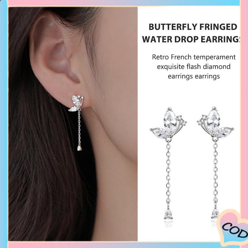 COD❤️ Anting Kupu-kupu Rumbai Drop Earrings Retro French Temperamen Indah Flash Diamond Earrings-A.one