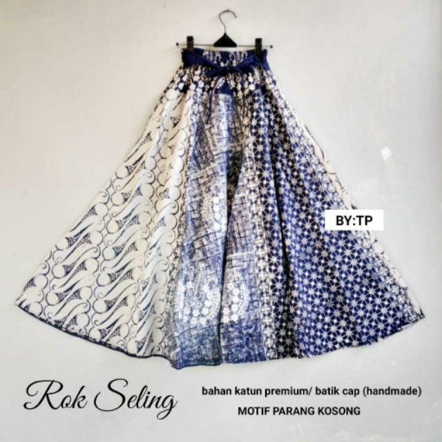 Rok Batik Cap Indigo Motif Seling Biru Kombinasi Bawahan Formal Wanita Casual Kantoran Katun Premium-Parang Kosong