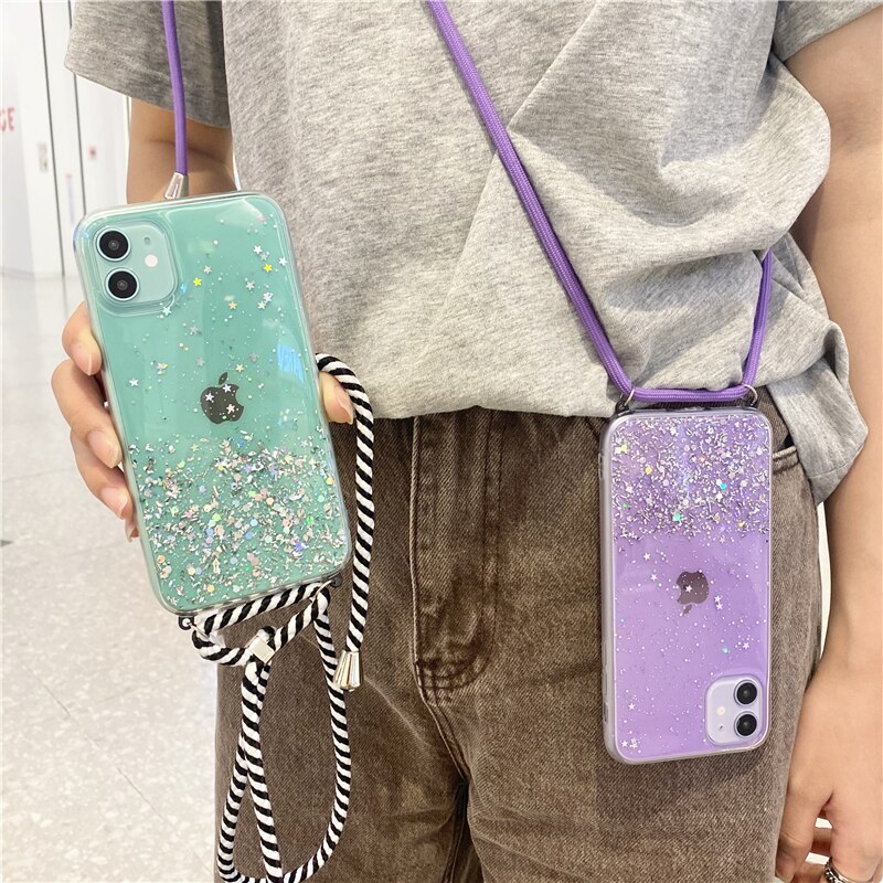 Case Bahan Silikon Aksen Glitter Dengan Tali Lanyard Untuk Iphone 12 12pro 12promax 12mini 11 Pro Max Xr Xs Max 6 7 8 Plus