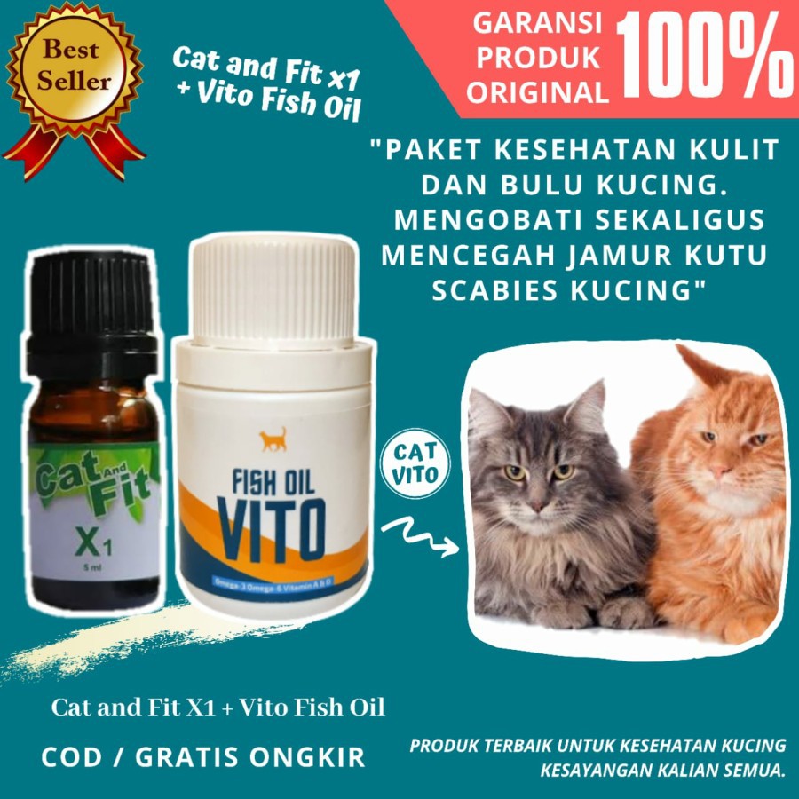 PAKET Bebas Jamur Kutu dan Penggemuk Kucing cat and fit x1 plus vito fish oil