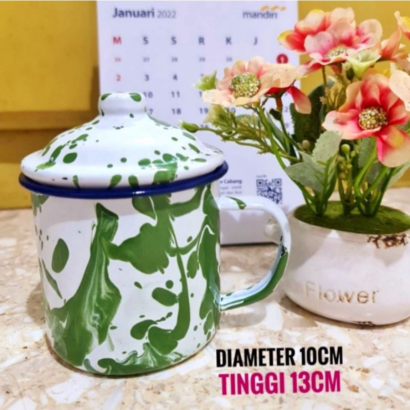 cangkir Enamel blirik Mug kaleng tebal cangkir Jadul corak cendol