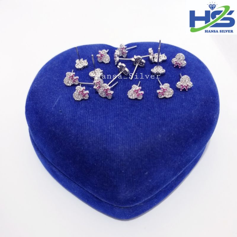 Anting Giwang Perak Anak Asli Silver 925 Lapis Emas Putih Model Mickey Mouse Permata Merah Putih