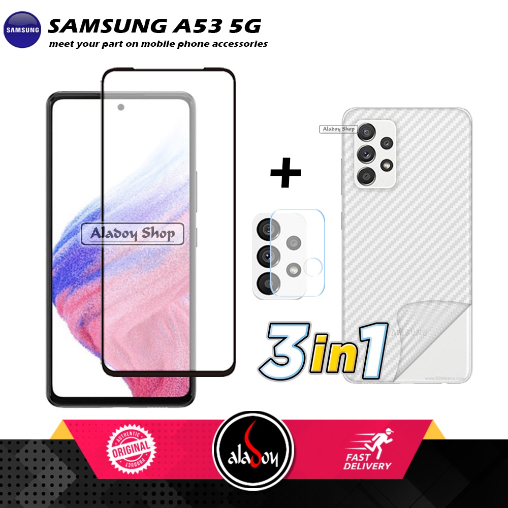 PROMO 3 IN 1 PAKET Tempered Glass SAMSUNG A53 5G 2022 Free Tempered Glass Camera dan Skin Carbon