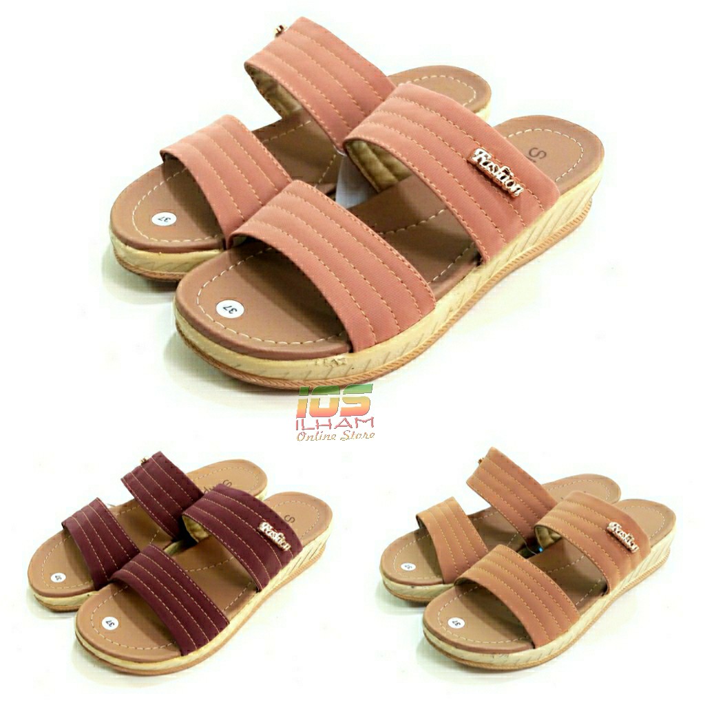 Sandal Wanita Wedges Simple 2 Band Hak 3cm Size 37-40