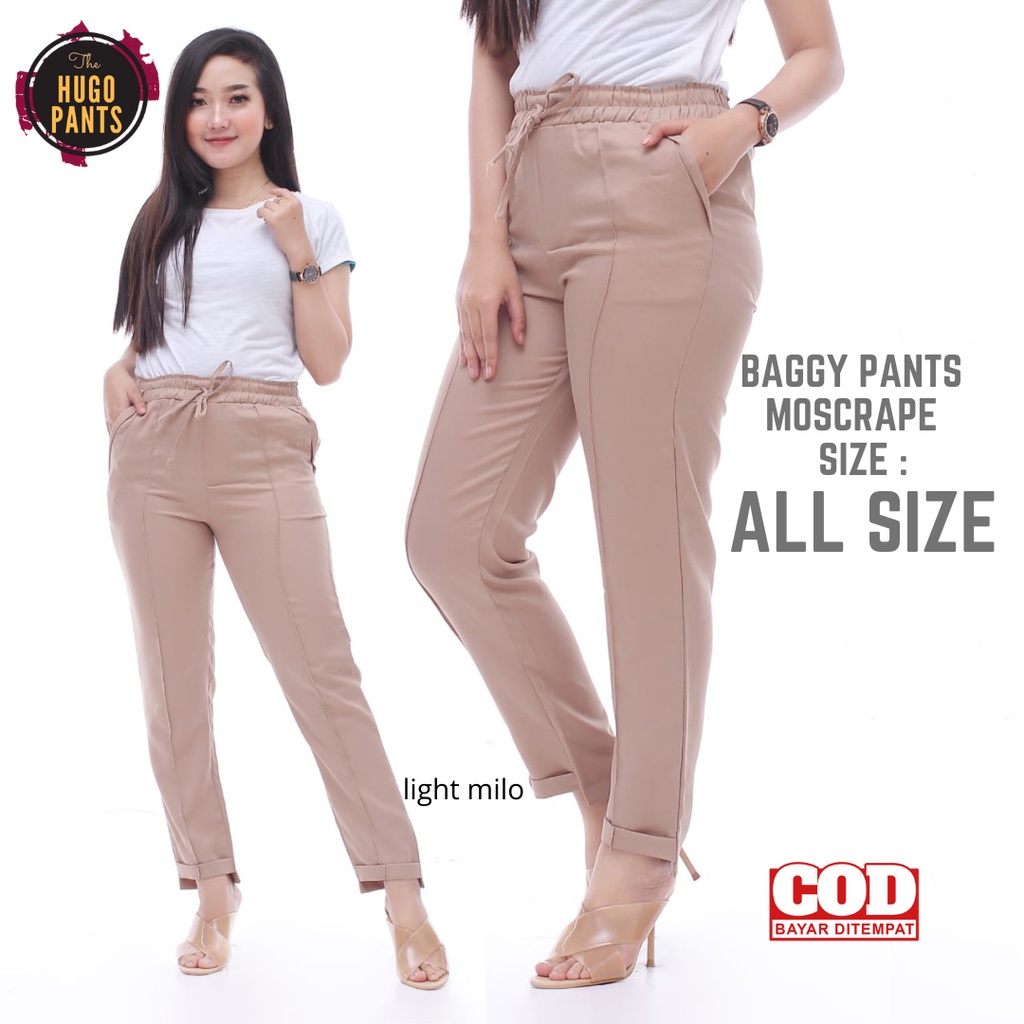 Baggy Pants Celana Panjang Wanita Bahan Moscrape Pinggang Karet Murah // All Size Fit To XL