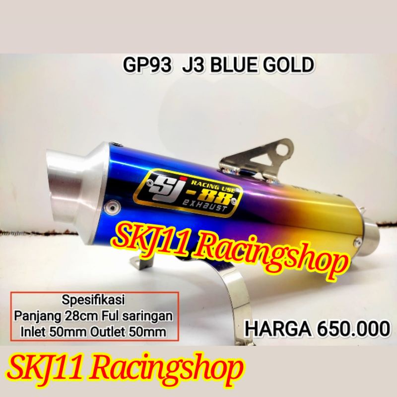 DISKON 5% Slincer Silincer Knalpot SJ88 Racing GP93 J3 Blue Gold Panjang 28 cm Full Saringan Inlet Outlet 50mm