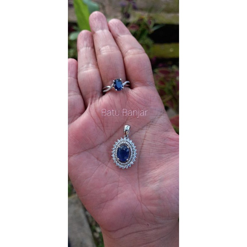 cincin dan liontin batu blue safir ikat perak