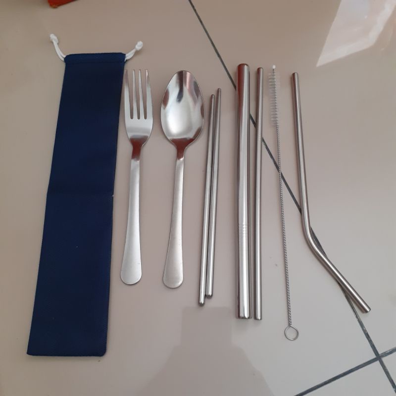 Set Sedotan Stainless Lurus Bengkok Sikat Sedotan Alat Makan