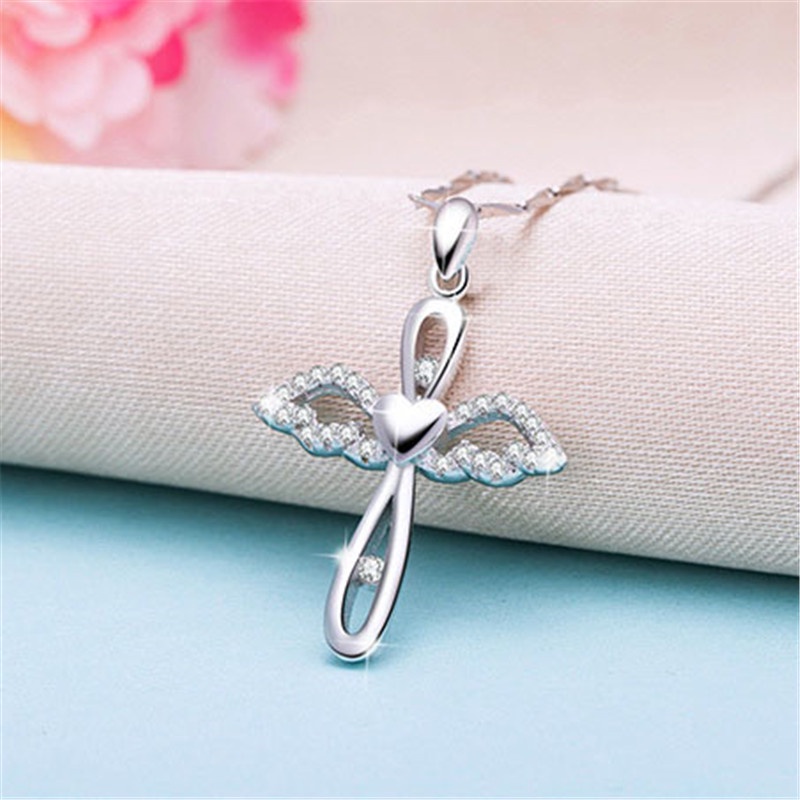 [Ready Stock]Fashion Silver Plated Cross Pendant Angel Wings Necklace