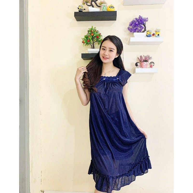 Daster Tidur Wanita/Navy Sutra/Model Renda Jepang
